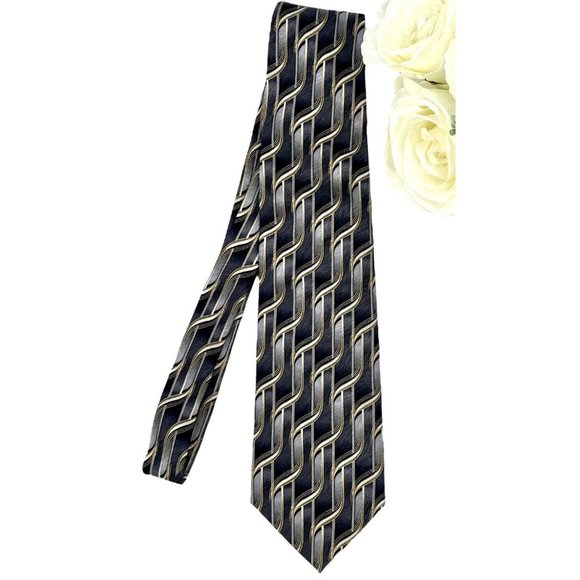 MARTIN WONG Screenplay Mens 100% Silk Tie Necktie Black Gray Silver Gold - Picture 2 of 8